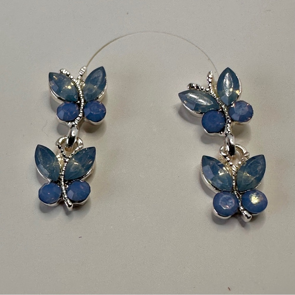 Ice Blue Butterfly Dangle Stud Earrings Silver Tone